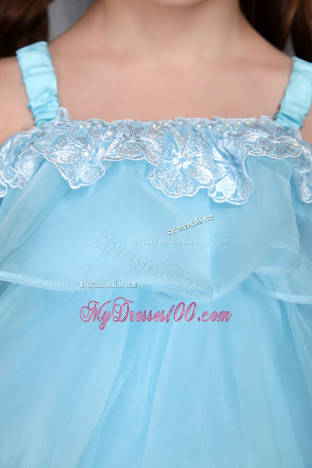 Auqa A-line / Princess Straps Knee-length Organza Beading Flower Girl Dress