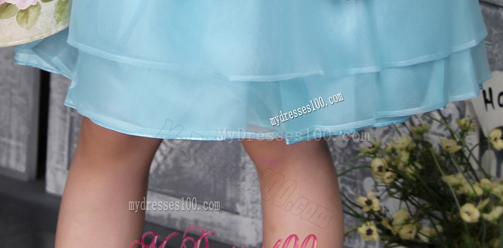 Auqa A-line / Princess Straps Knee-length Organza Beading Flower Girl Dress