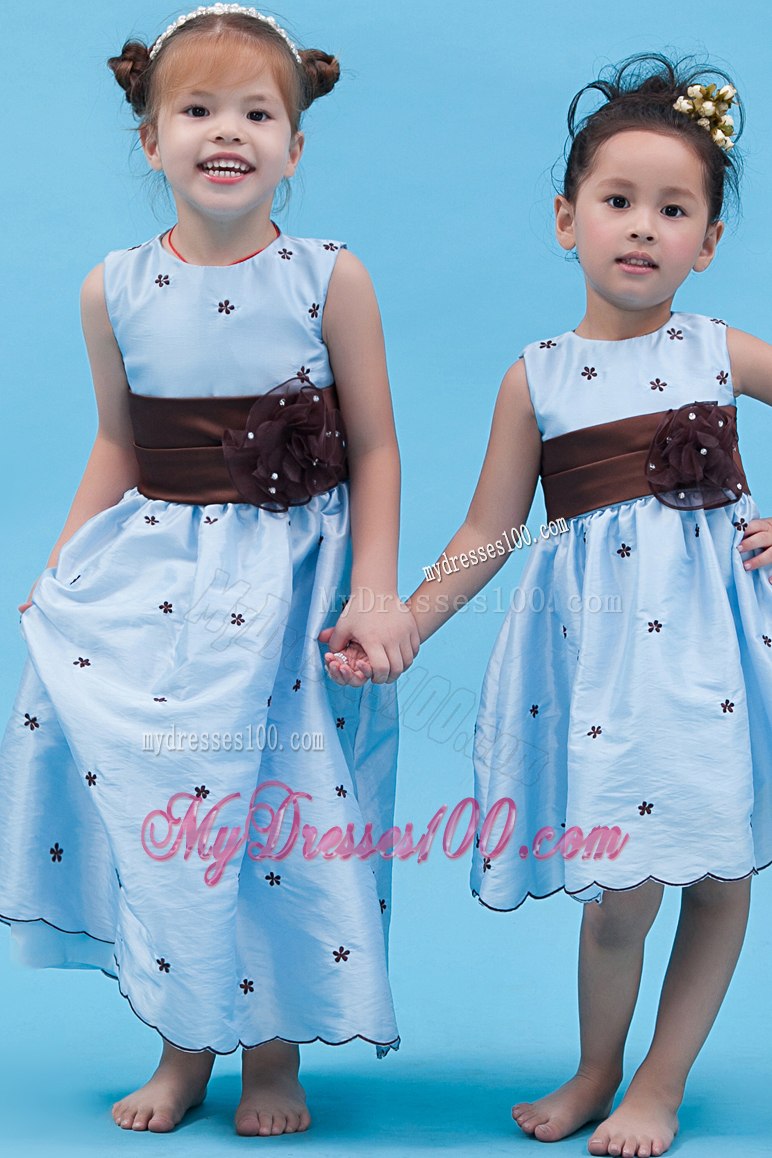 Baby Blue A-line Scoop Ankle-length Taffeta Appliques Flower Girl Dress