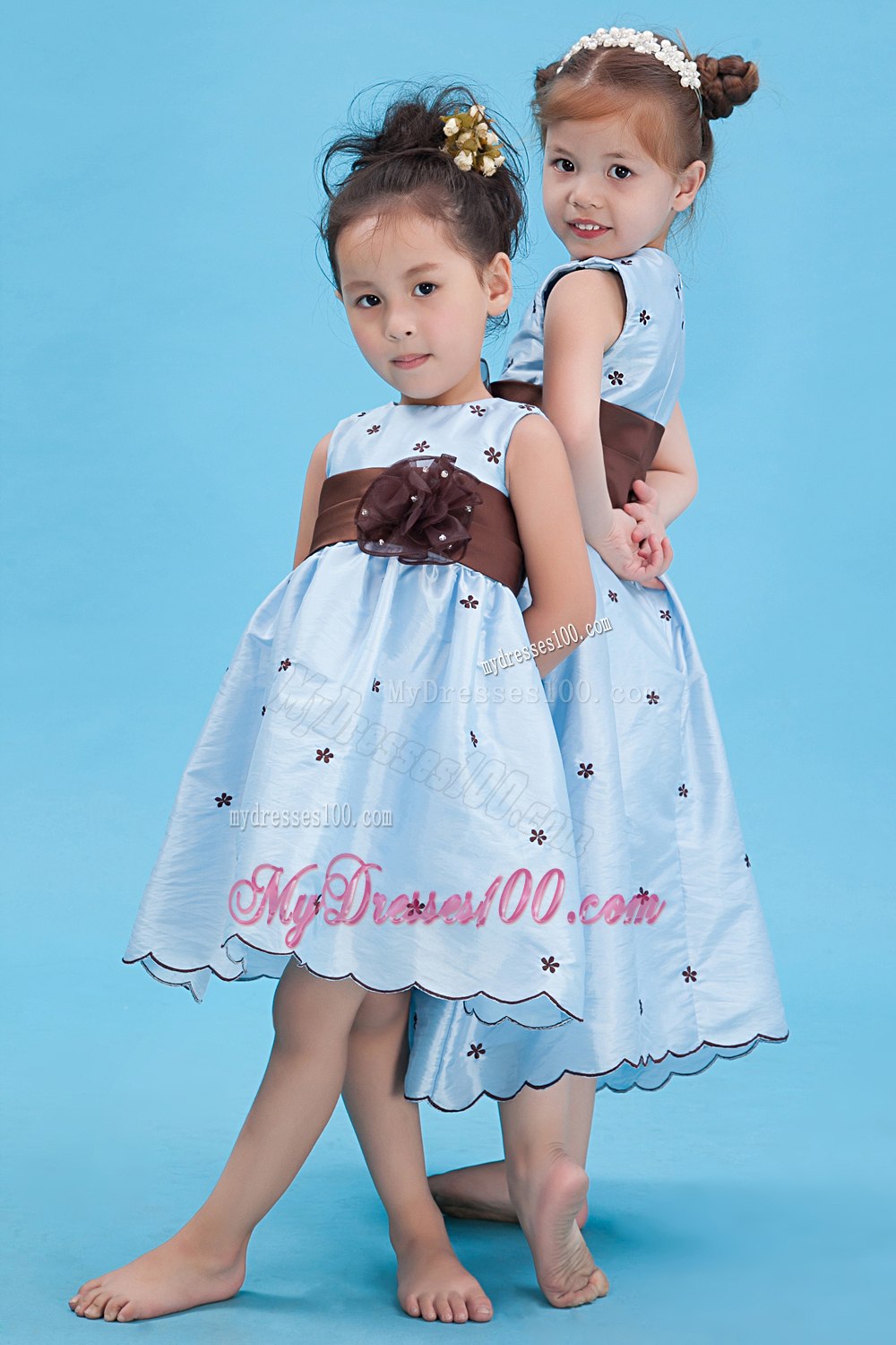 Baby Blue A-line Scoop Ankle-length Taffeta Appliques Flower Girl Dress