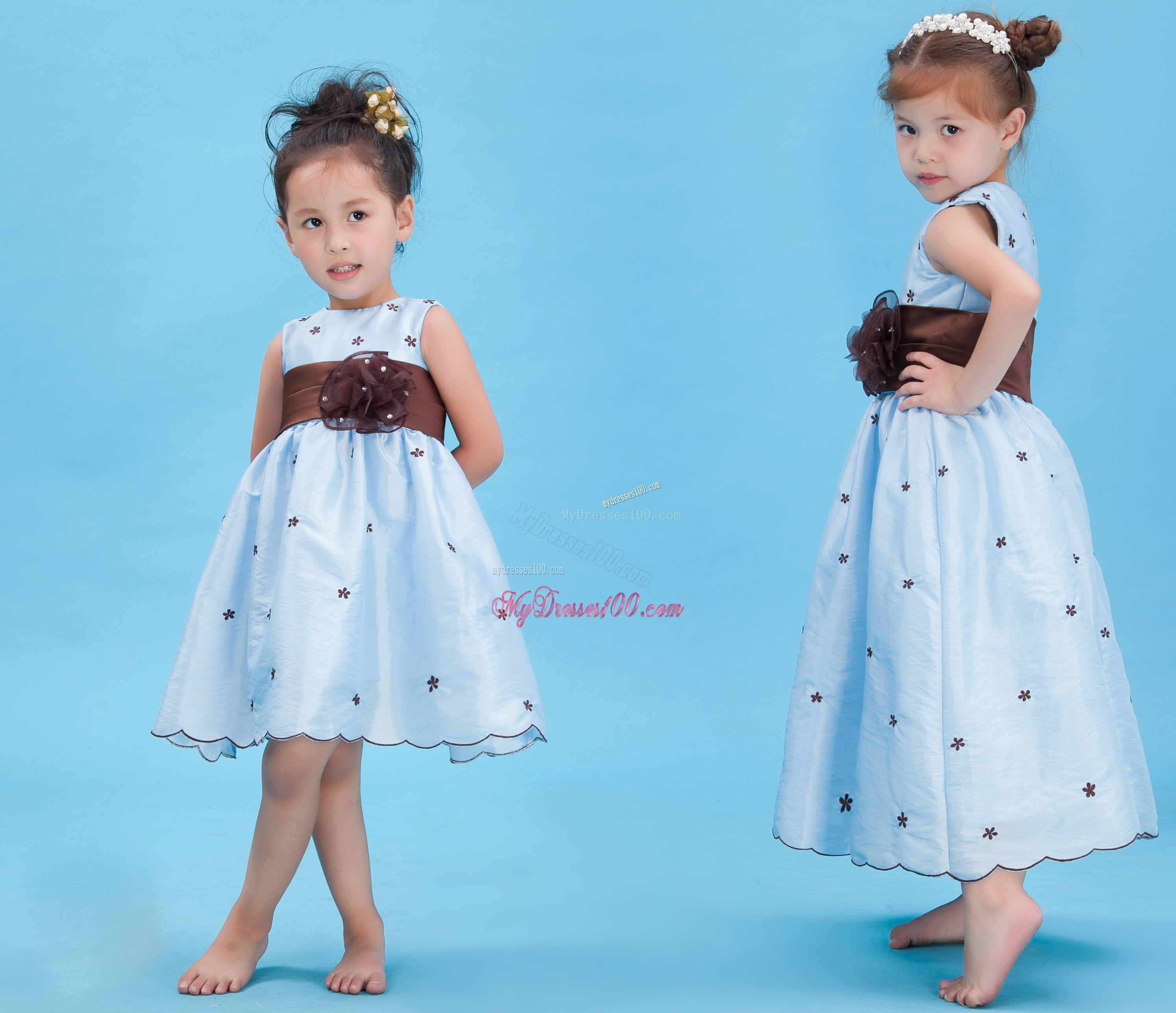 Baby Blue A-line Scoop Ankle-length Taffeta Appliques Flower Girl Dress