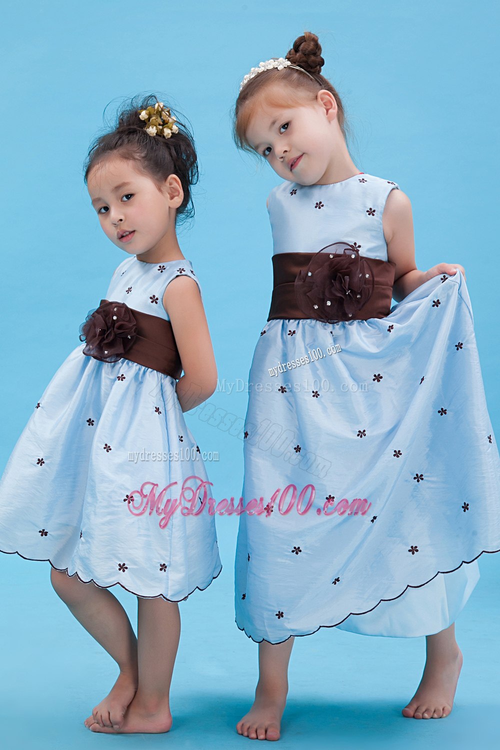Baby Blue A-line Scoop Ankle-length Taffeta Appliques Flower Girl Dress
