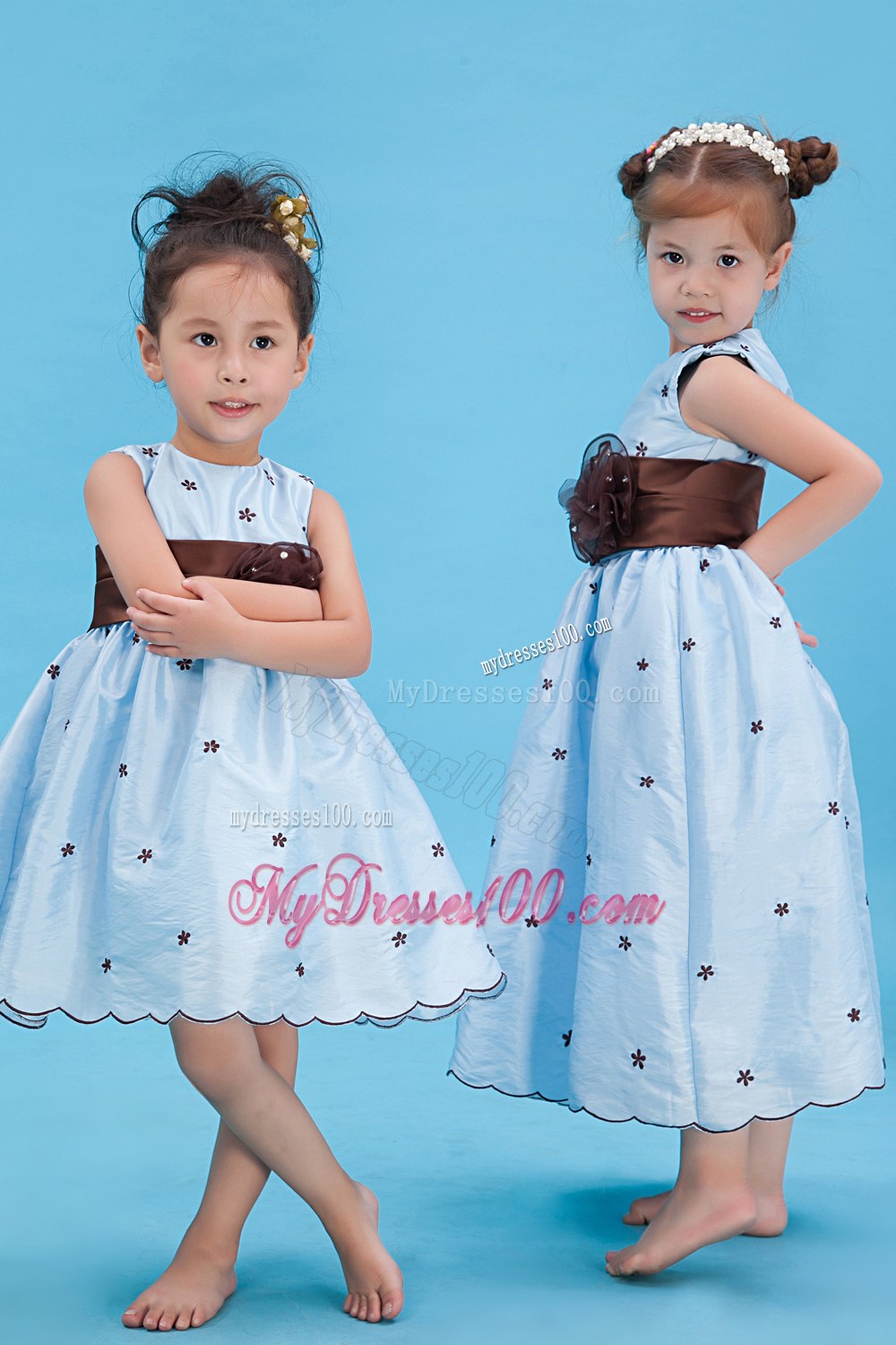 Baby Blue A-line Scoop Ankle-length Taffeta Appliques Flower Girl Dress