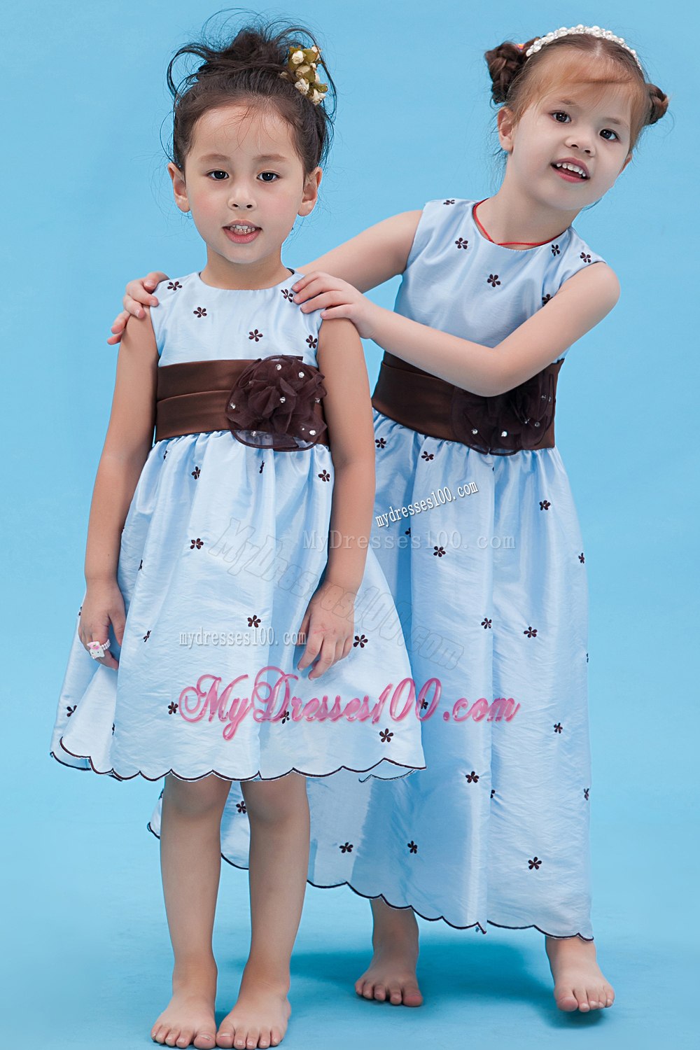 Baby Blue A-line Scoop Ankle-length Taffeta Appliques Flower Girl Dress
