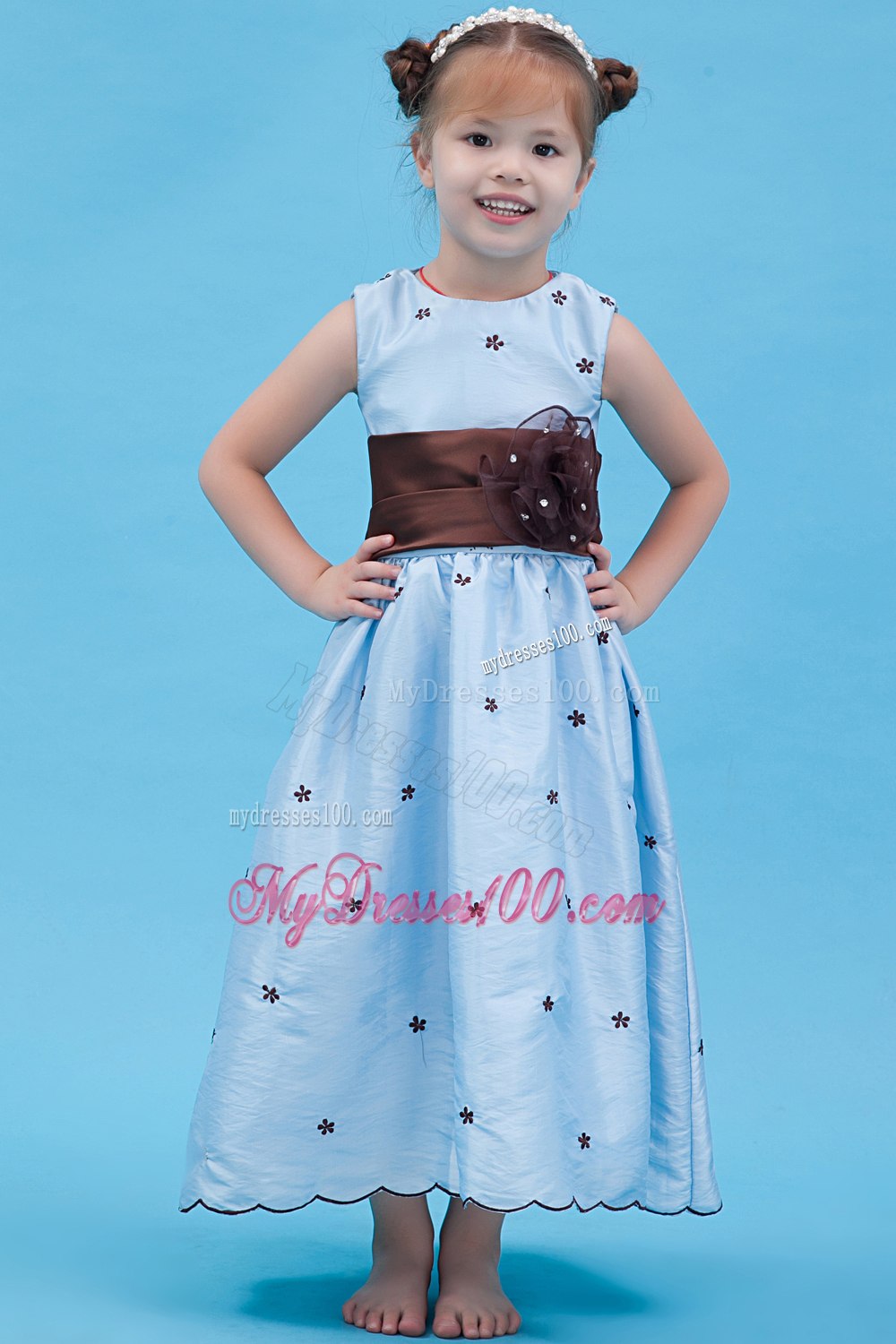 Baby Blue A-line Scoop Ankle-length Taffeta Appliques Flower Girl Dress