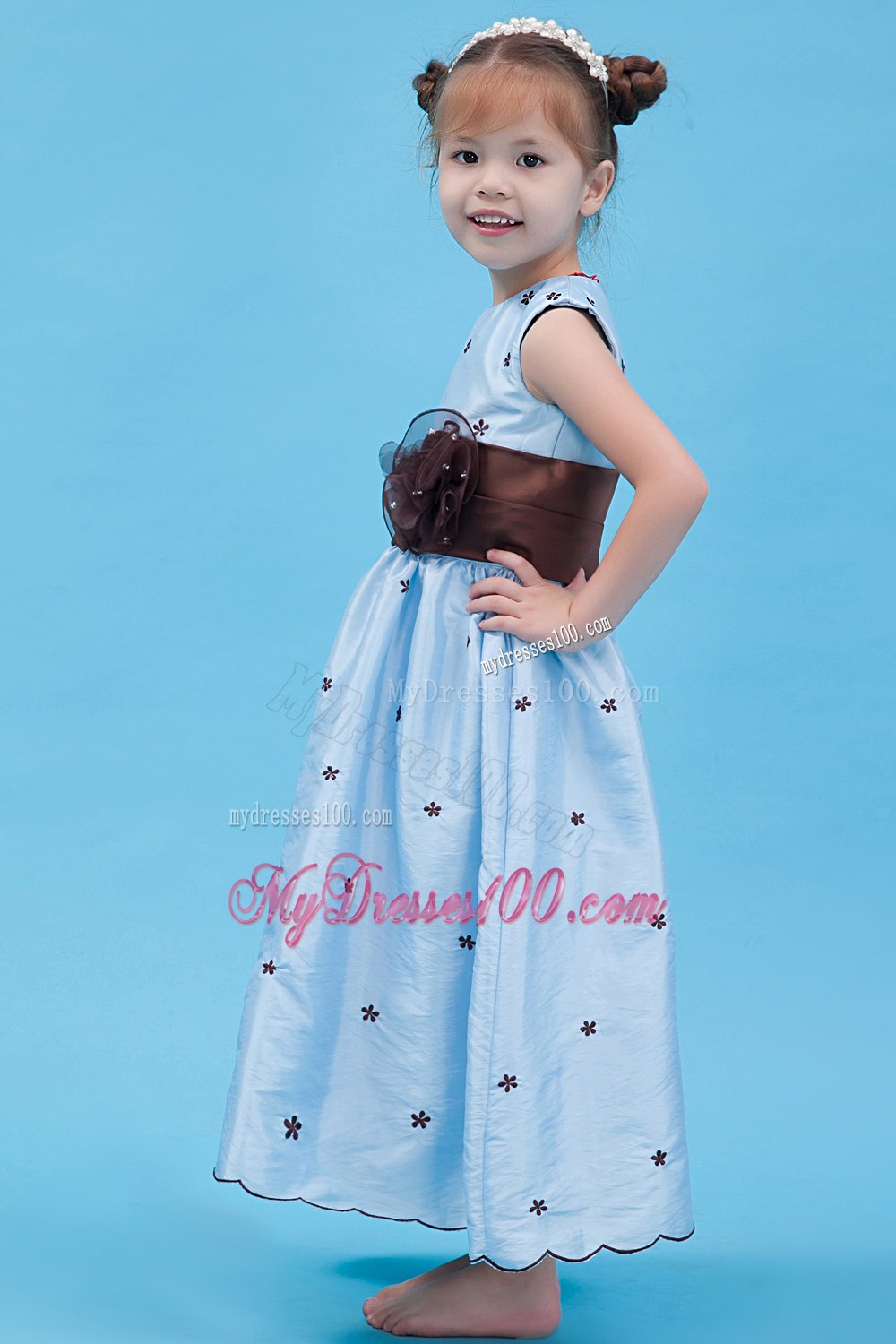 Baby Blue A-line Scoop Ankle-length Taffeta Appliques Flower Girl Dress