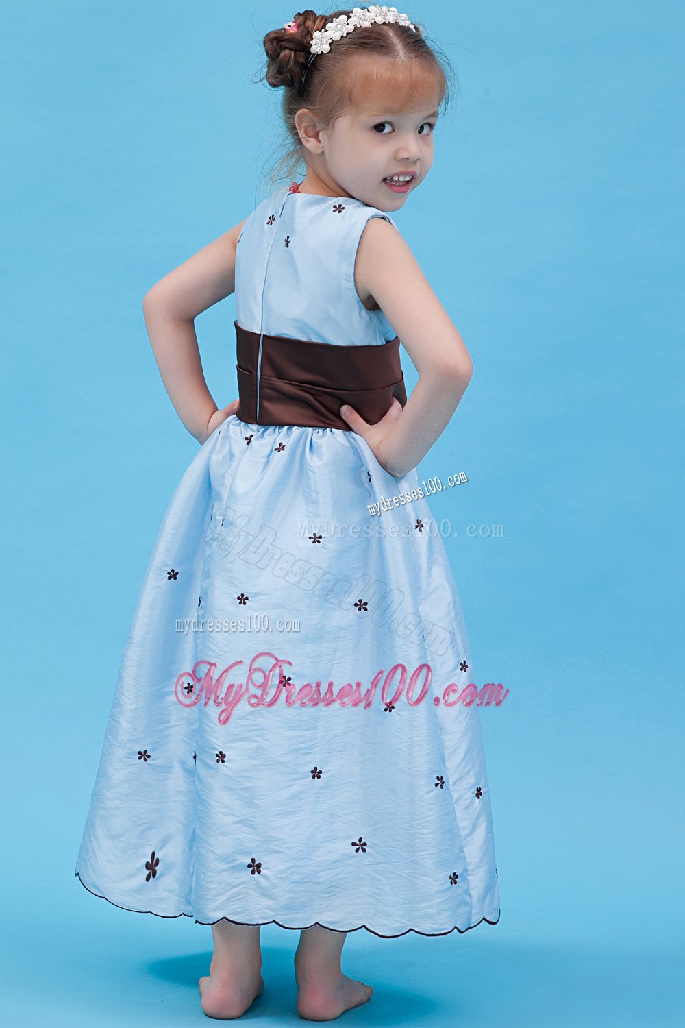 Baby Blue A-line Scoop Ankle-length Taffeta Appliques Flower Girl Dress