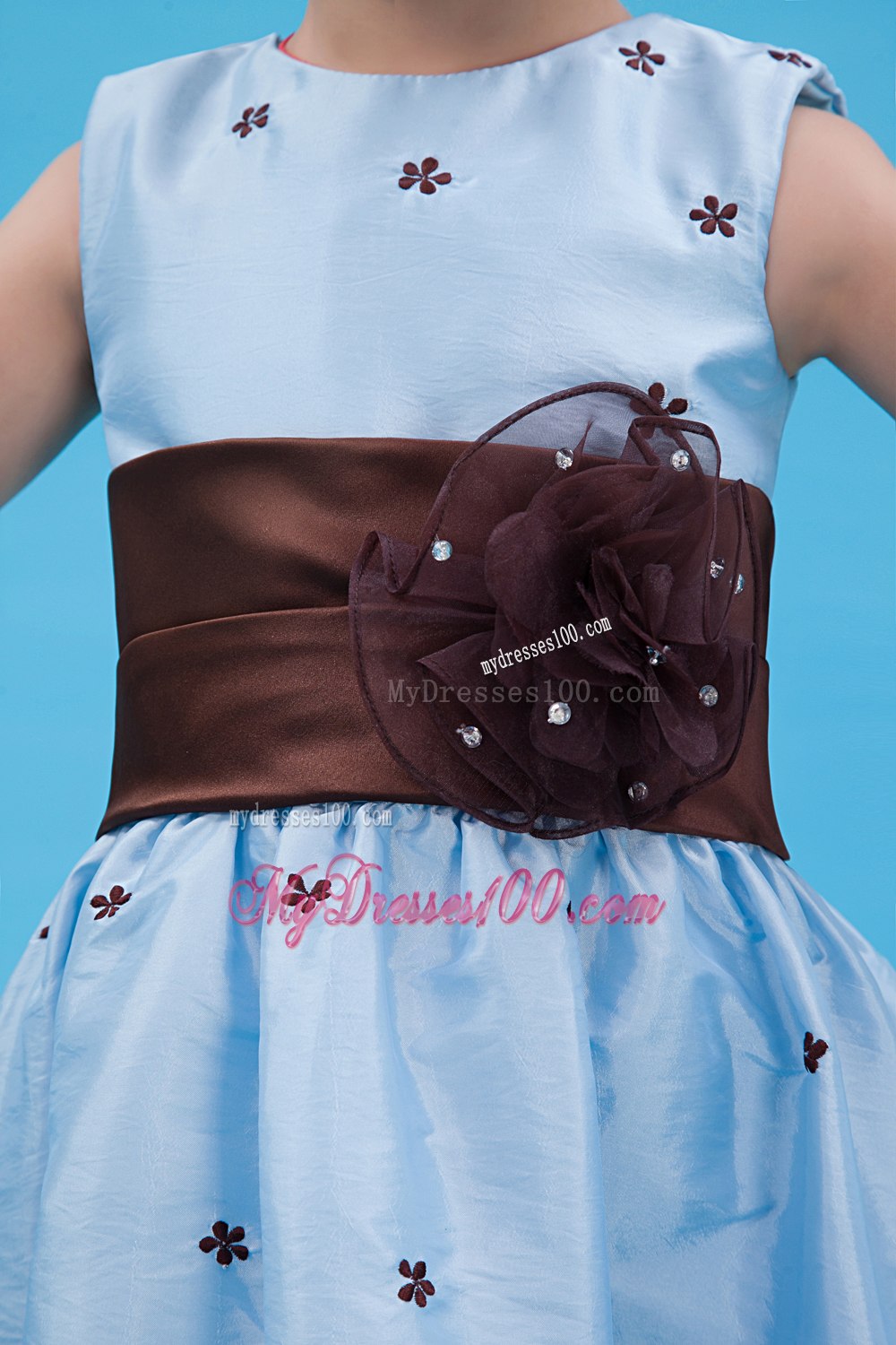 Baby Blue A-line Scoop Ankle-length Taffeta Appliques Flower Girl Dress