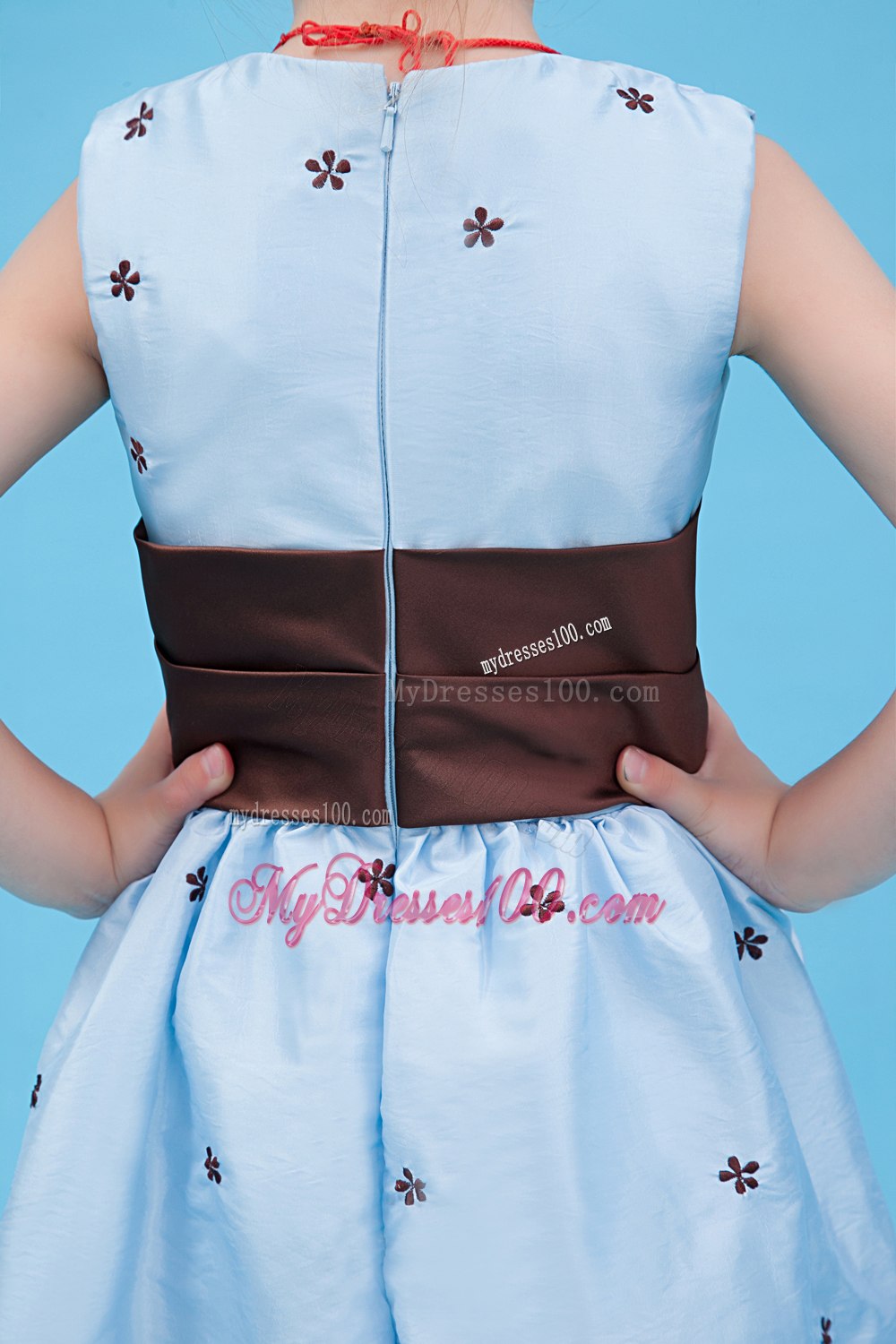 Baby Blue A-line Scoop Ankle-length Taffeta Appliques Flower Girl Dress