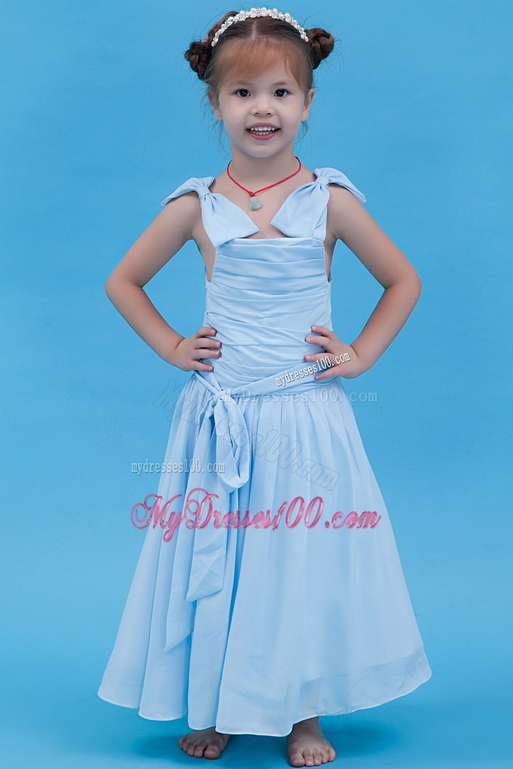 Baby Blue A-line Straps Ankle-length Chiffon Ruch Flower Girl Dress