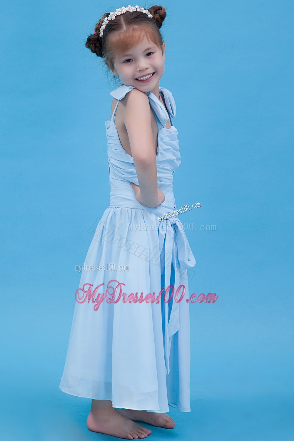 Baby Blue A-line Straps Ankle-length Chiffon Ruch Flower Girl Dress