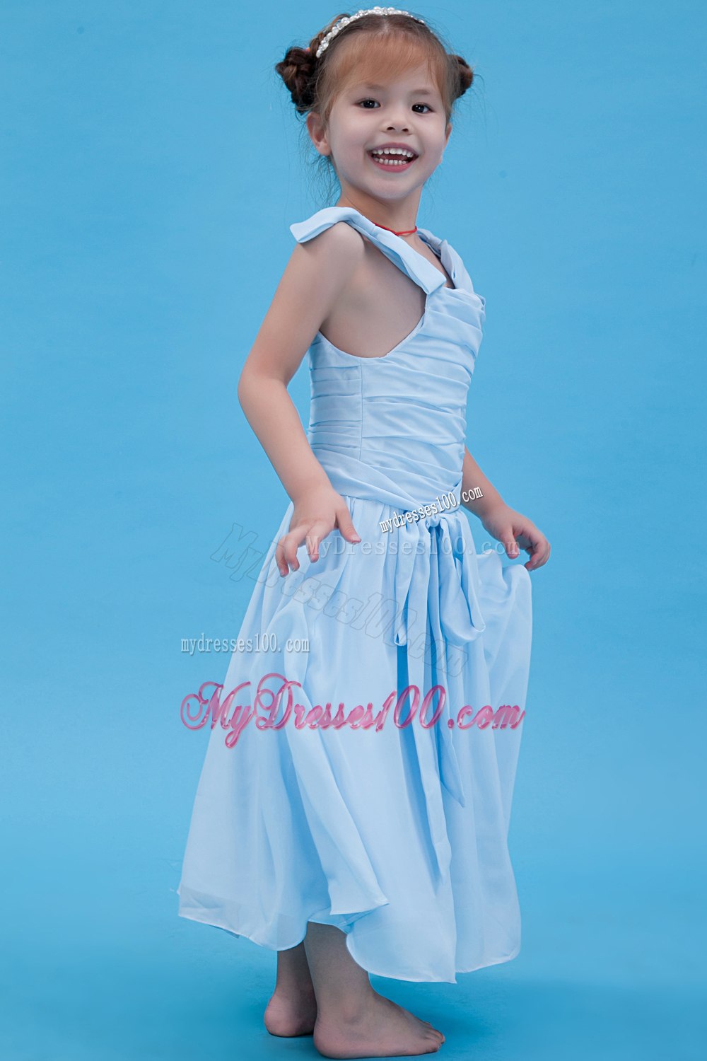 Baby Blue A-line Straps Ankle-length Chiffon Ruch Flower Girl Dress
