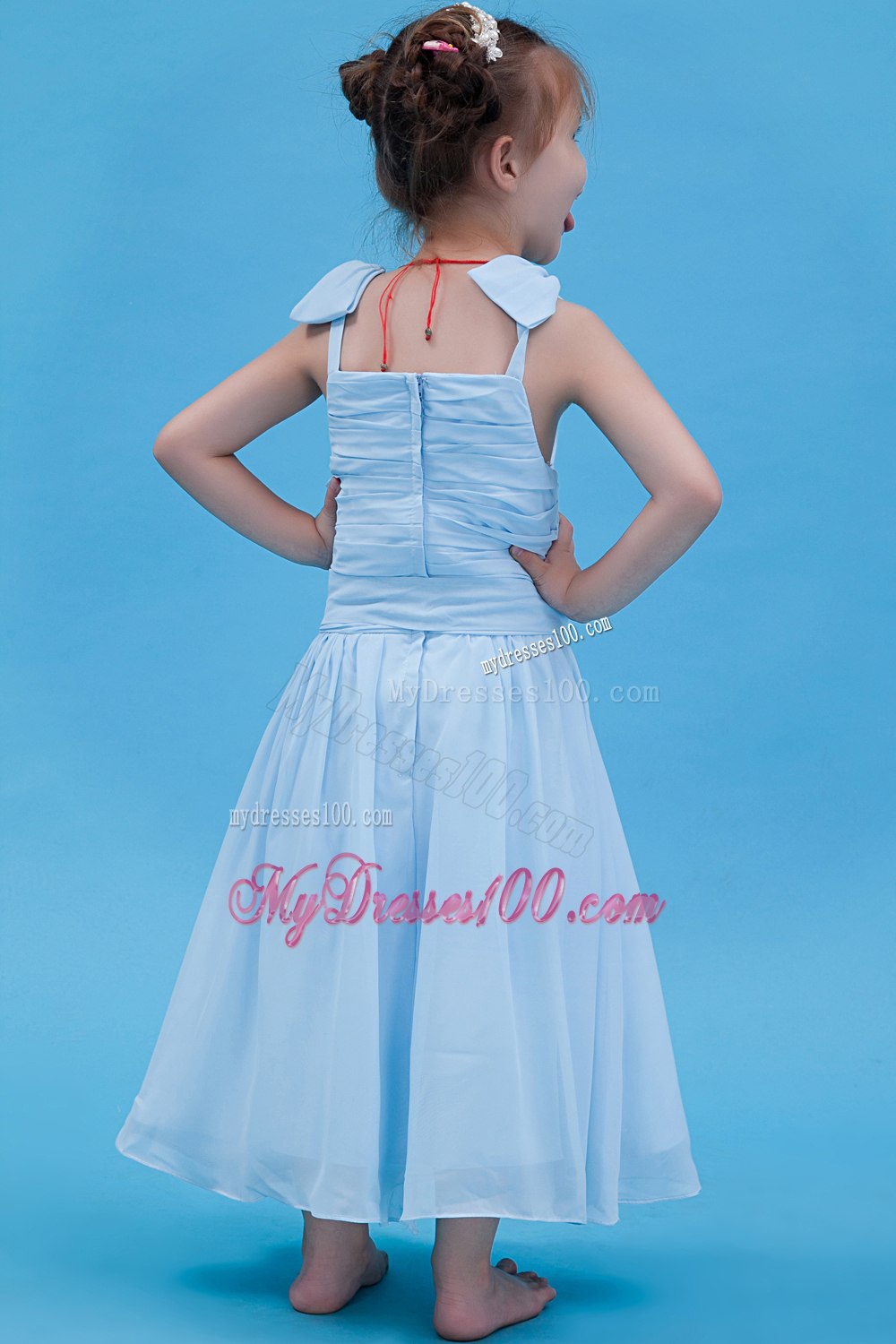 Baby Blue A-line Straps Ankle-length Chiffon Ruch Flower Girl Dress