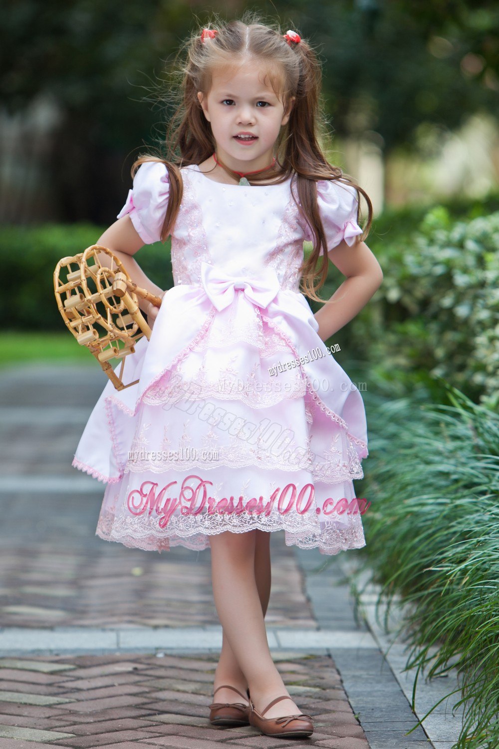 Baby Pink A-line Scoop Tea-length Taffeta and Lace Bow Flower Girl Dress