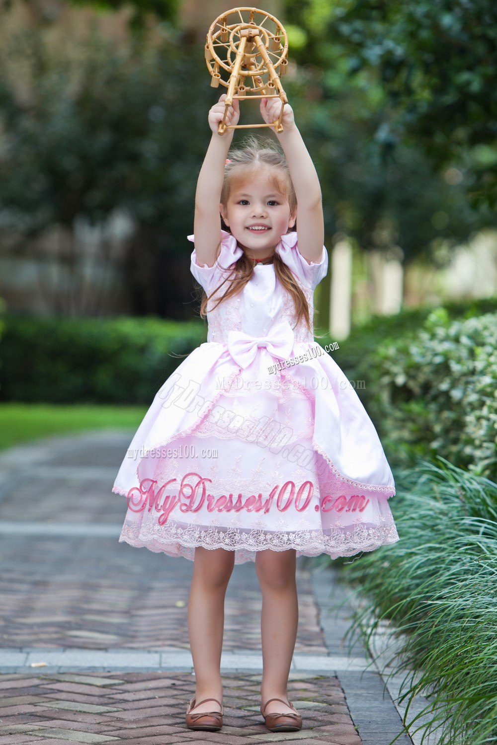Baby Pink A-line Scoop Tea-length Taffeta and Lace Bow Flower Girl Dress