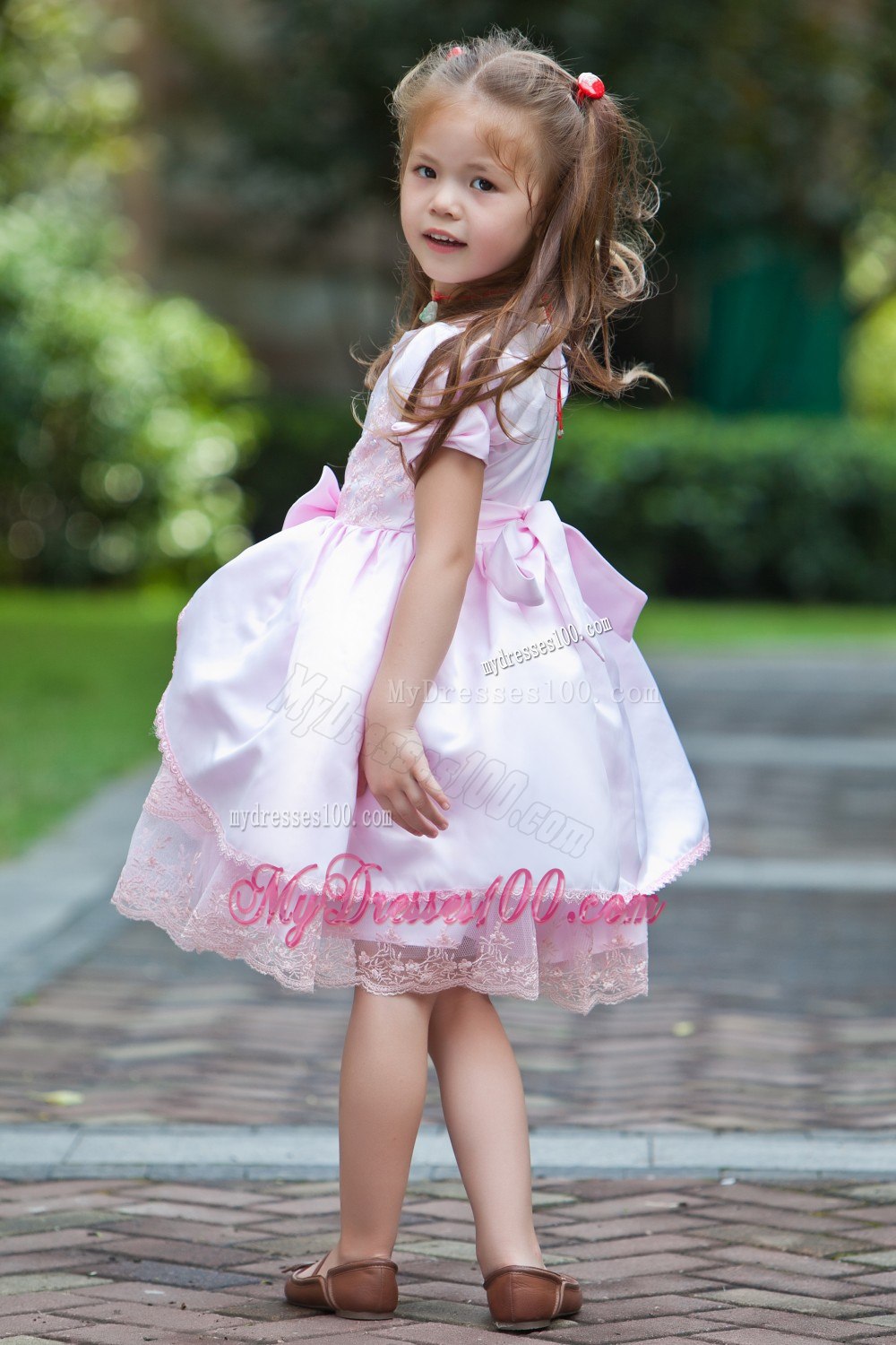 Baby Pink A-line Scoop Tea-length Taffeta and Lace Bow Flower Girl Dress