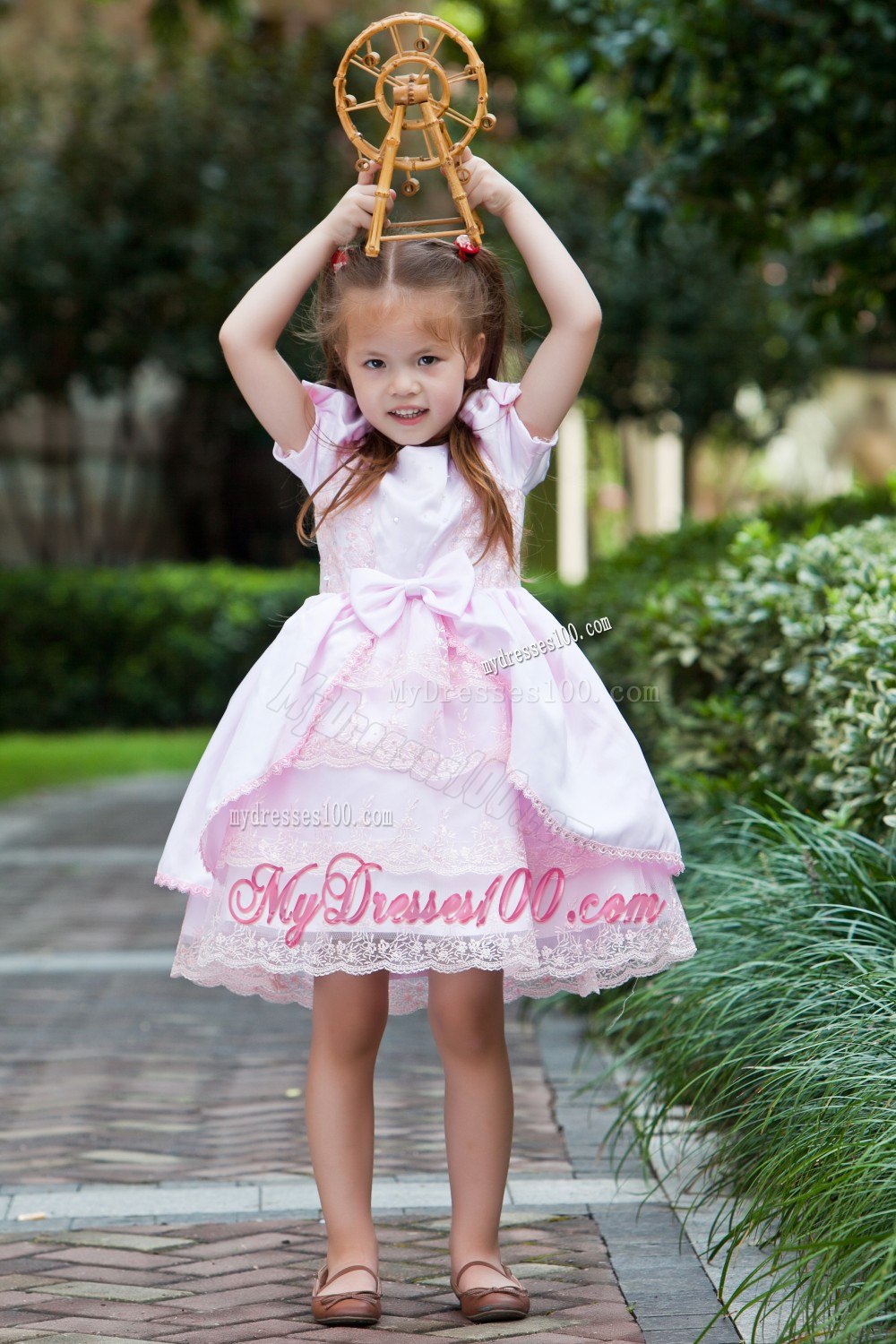 Baby Pink A-line Scoop Tea-length Taffeta and Lace Bow Flower Girl Dress