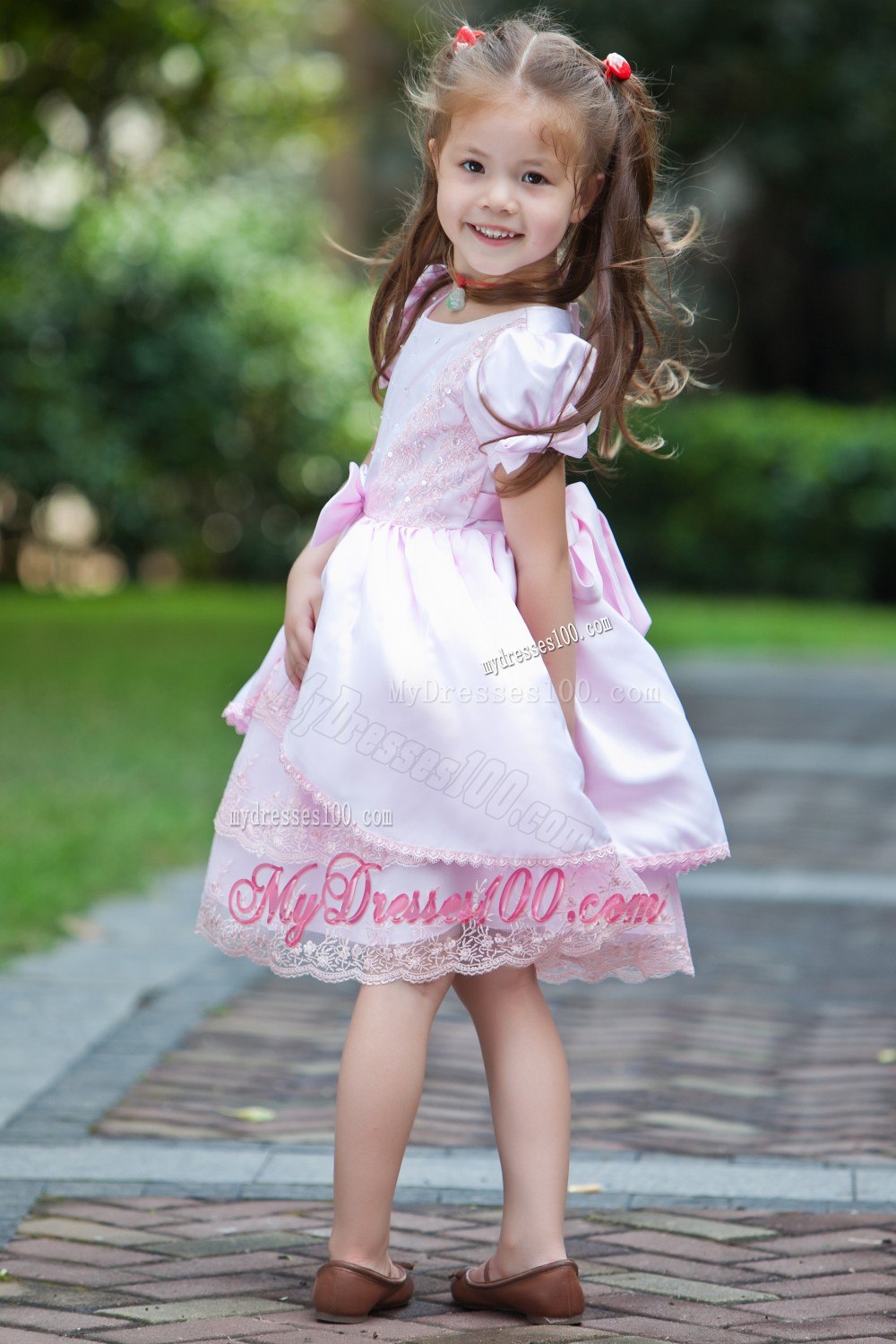 Baby Pink A-line Scoop Tea-length Taffeta and Lace Bow Flower Girl Dress