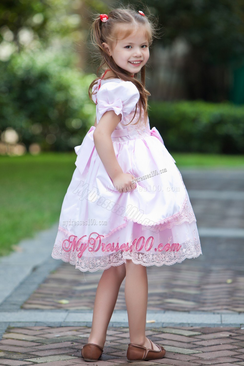Baby Pink A-line Scoop Tea-length Taffeta and Lace Bow Flower Girl Dress