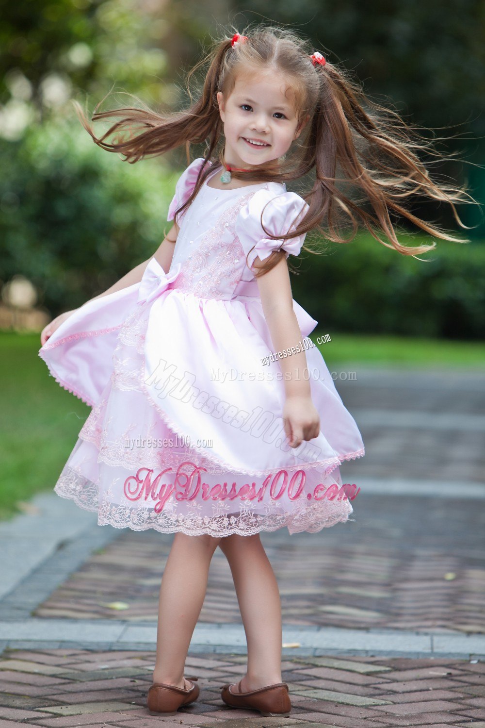 Baby Pink A-line Scoop Tea-length Taffeta and Lace Bow Flower Girl Dress
