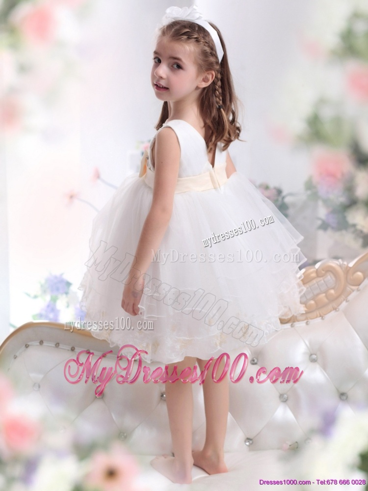 Beading Ruffled 2016 White Flower Girl Dress with Bowknot