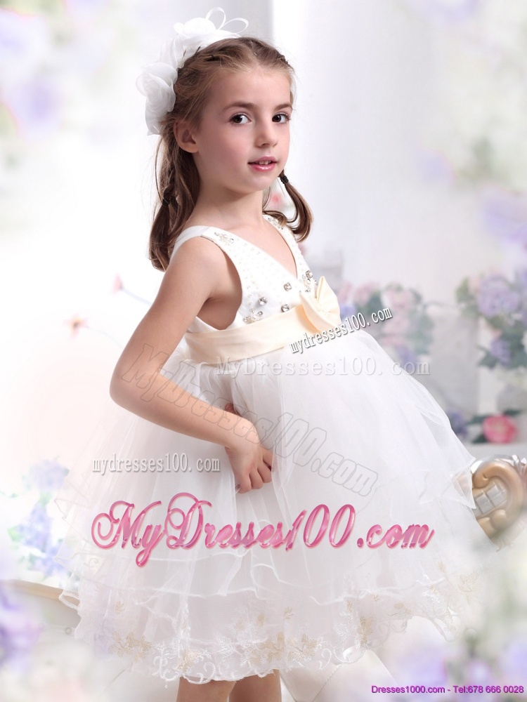 Beading Ruffled 2016 White Flower Girl Dress with Bowknot