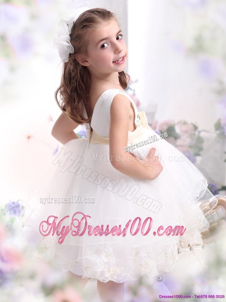 Beading Ruffled 2016 White Flower Girl Dress with Bowknot