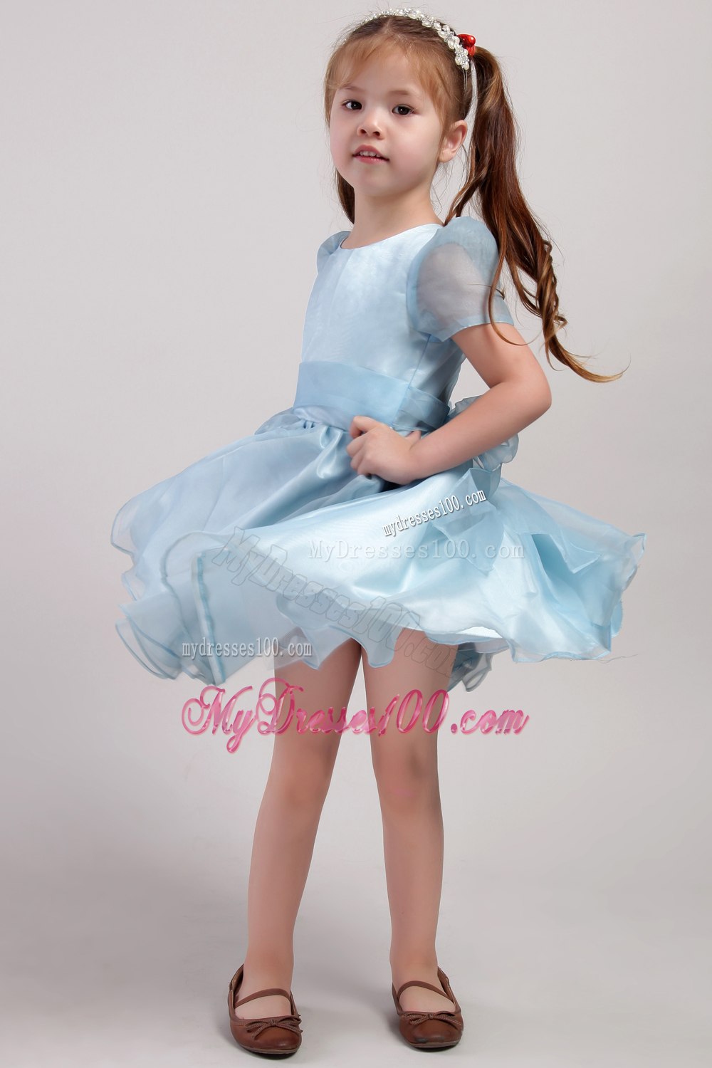 Blue A-line Scoop Knee-length Organza Bowknot Little Girl Dress