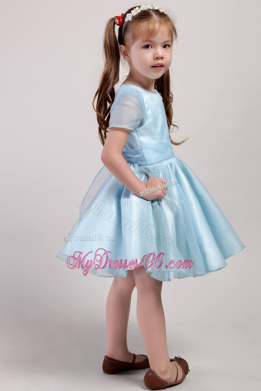 Blue A-line Scoop Knee-length Organza Bowknot Little Girl Dress