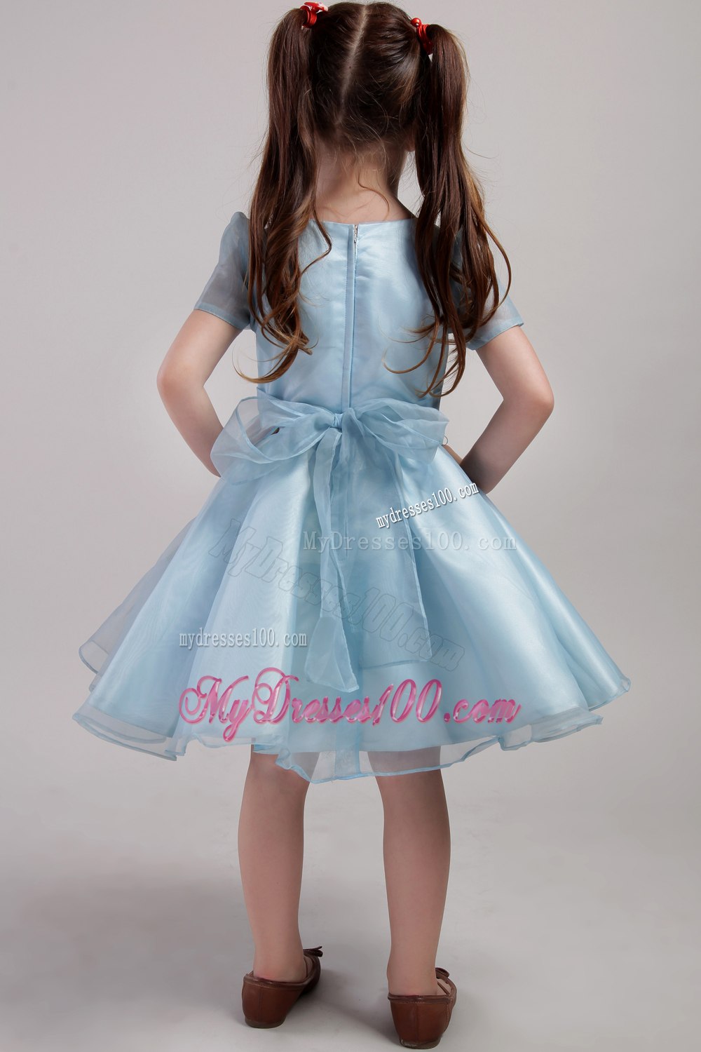 Blue A-line Scoop Knee-length Organza Bowknot Little Girl Dress