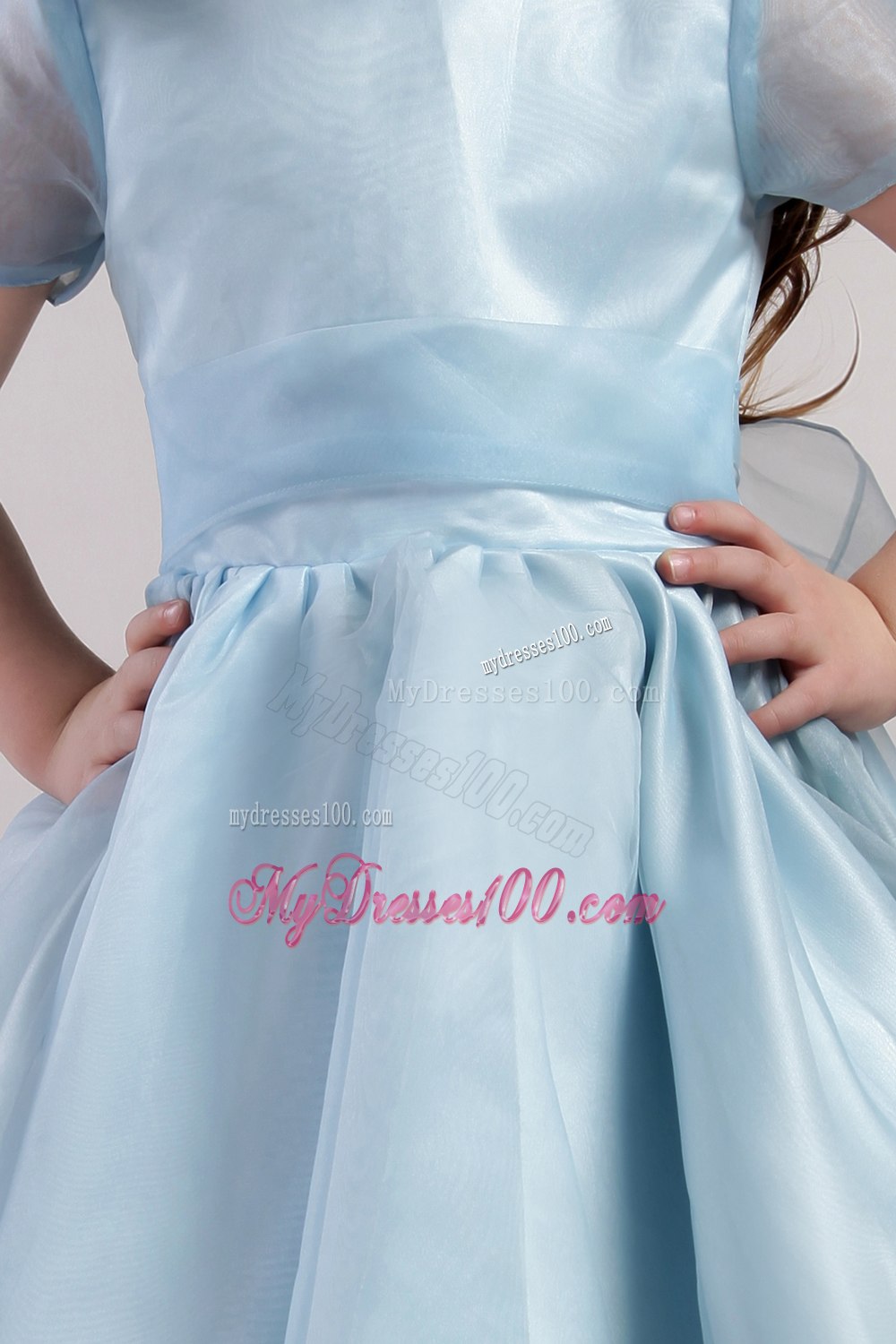 Blue A-line Scoop Knee-length Organza Bowknot Little Girl Dress