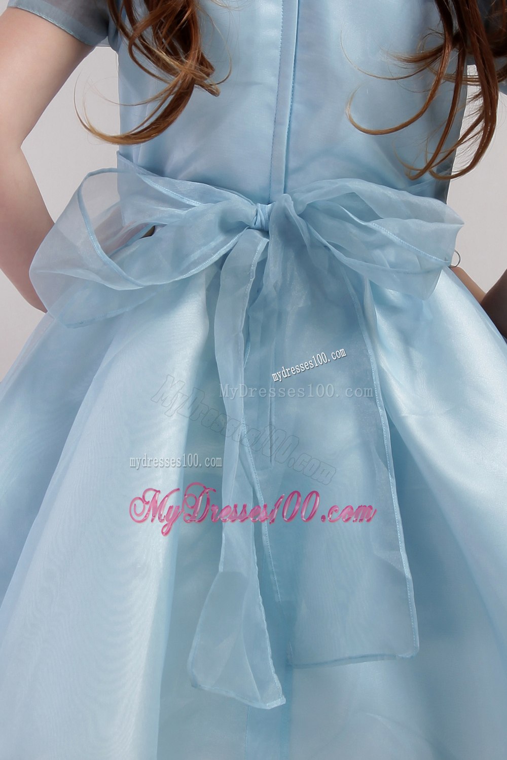 Blue A-line Scoop Knee-length Organza Bowknot Little Girl Dress