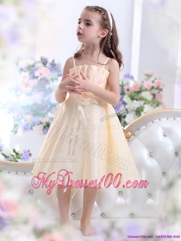 Champagne Spaghetti Straps Flower Girl Dress with Waistband and Hand Made Flower