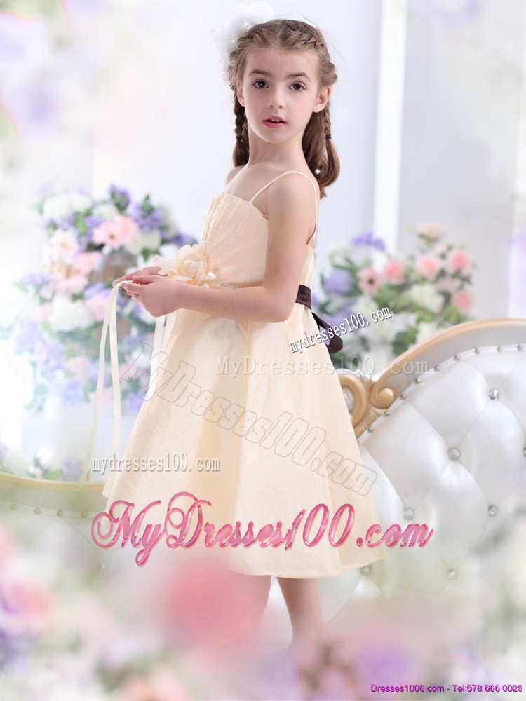 Champagne Spaghetti Straps Flower Girl Dress with Waistband and Hand Made Flower