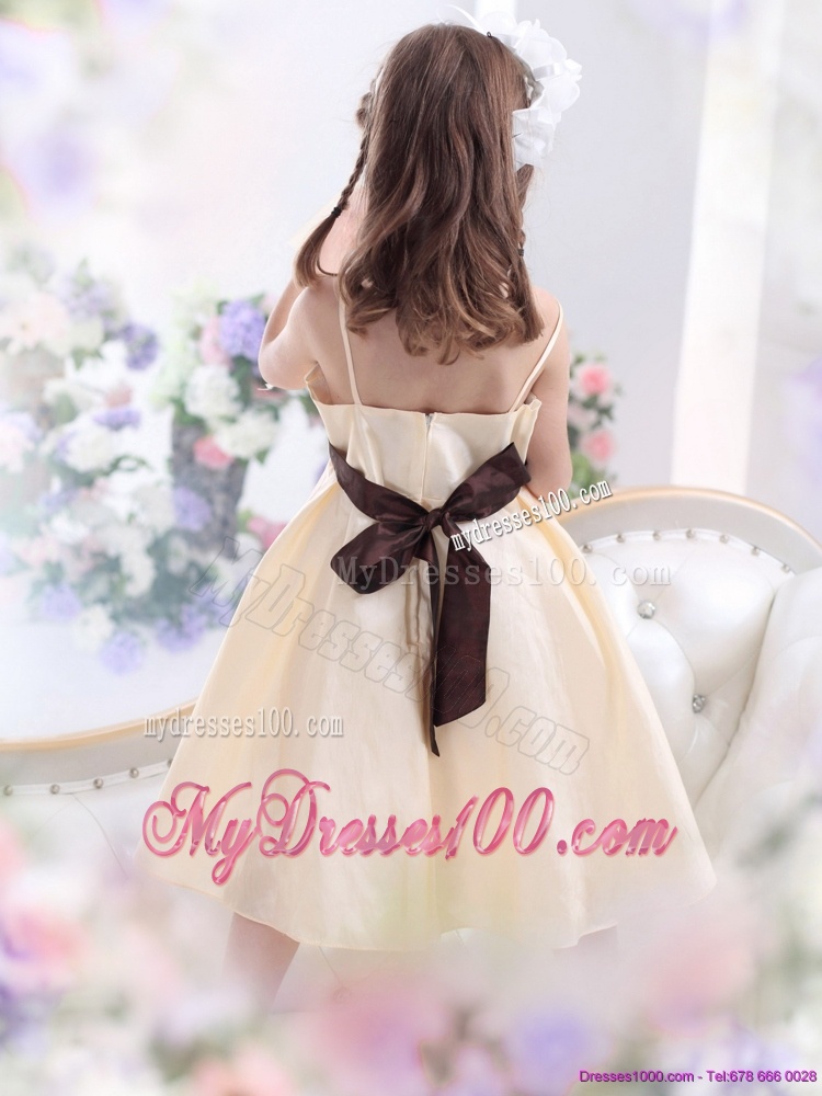 Champagne Spaghetti Straps Flower Girl Dress with Waistband and Hand Made Flower