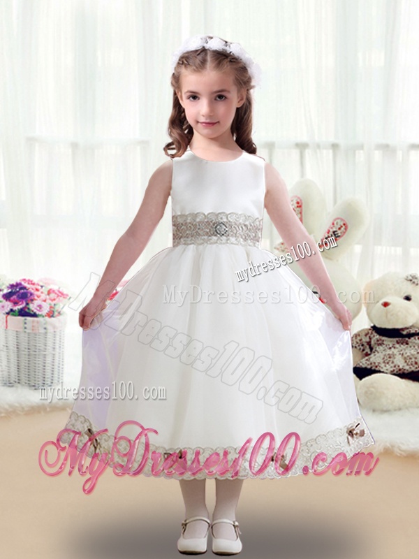 Discount Scoop White Flower Girl Dresses with Appliques