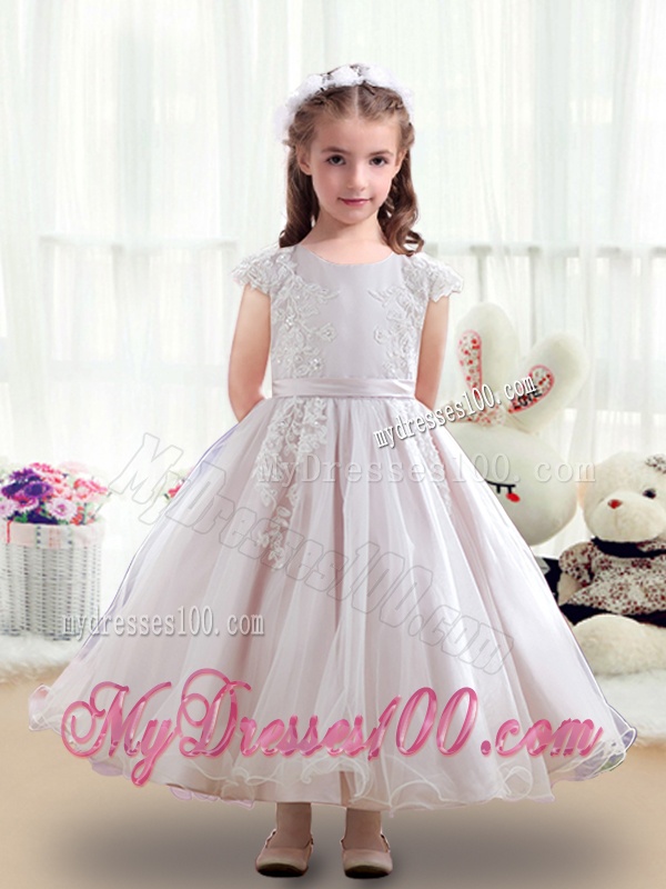Fashionable Scoop Cap Sleeves Flower Girl Dresses with Appliques