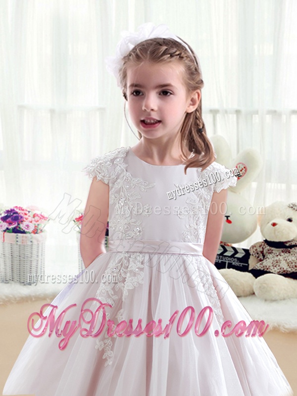 Fashionable Scoop Cap Sleeves Flower Girl Dresses with Appliques