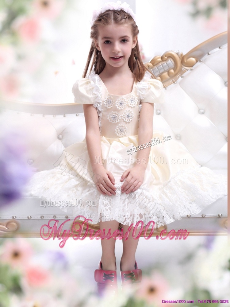 Gorgeous Champagne Flower Girl Dress with Hand Made Flower and Lace