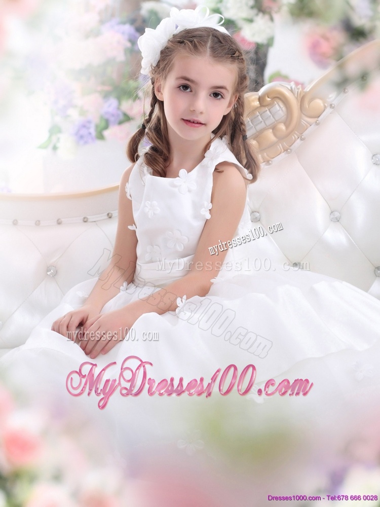 Most Popular White Scoop Flower Girl Dress with Appliques