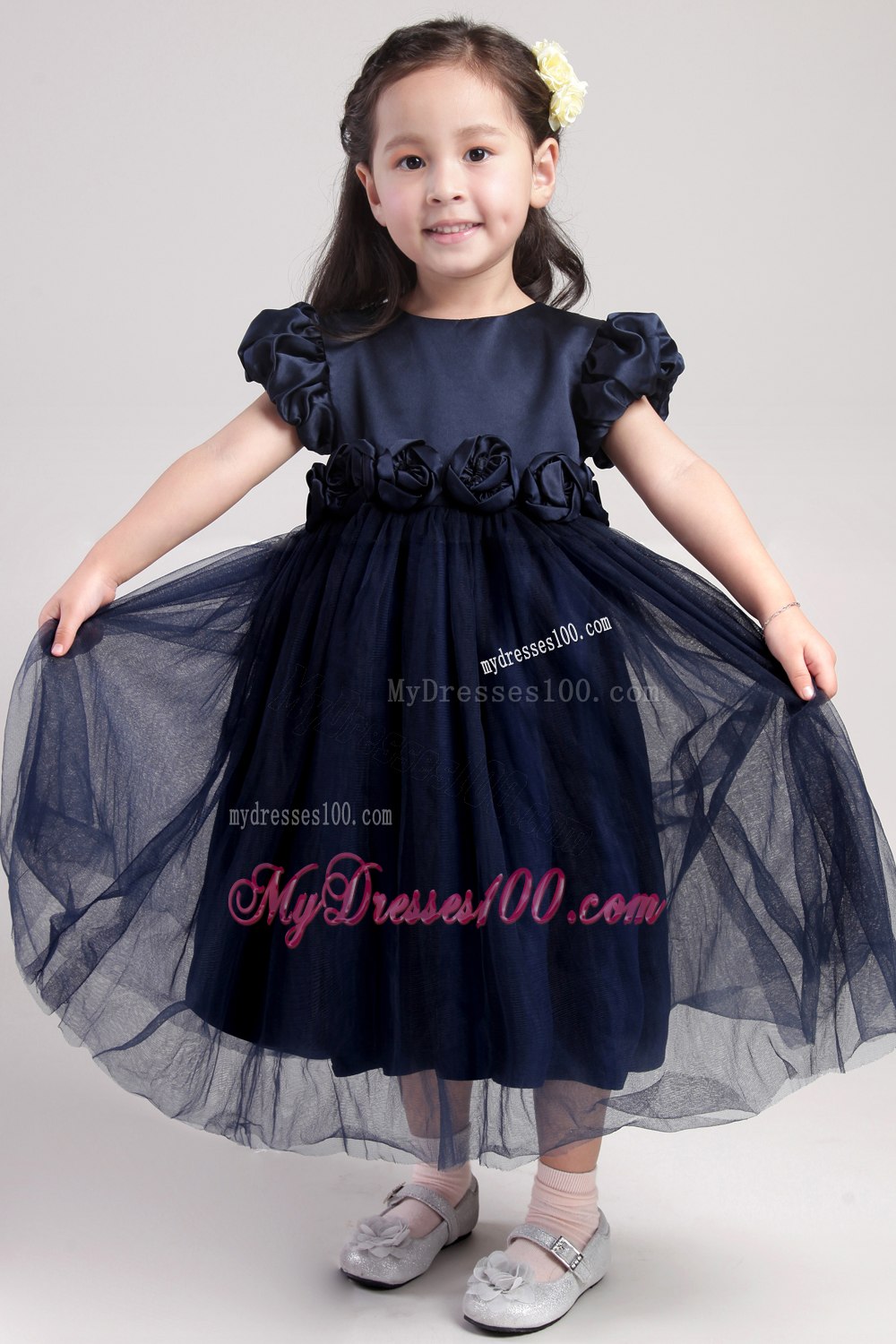 Navy Blue A-Line / Princess Scoop Tea-length Taffeta and Organza Hand Made Flower Flower Girl Dress