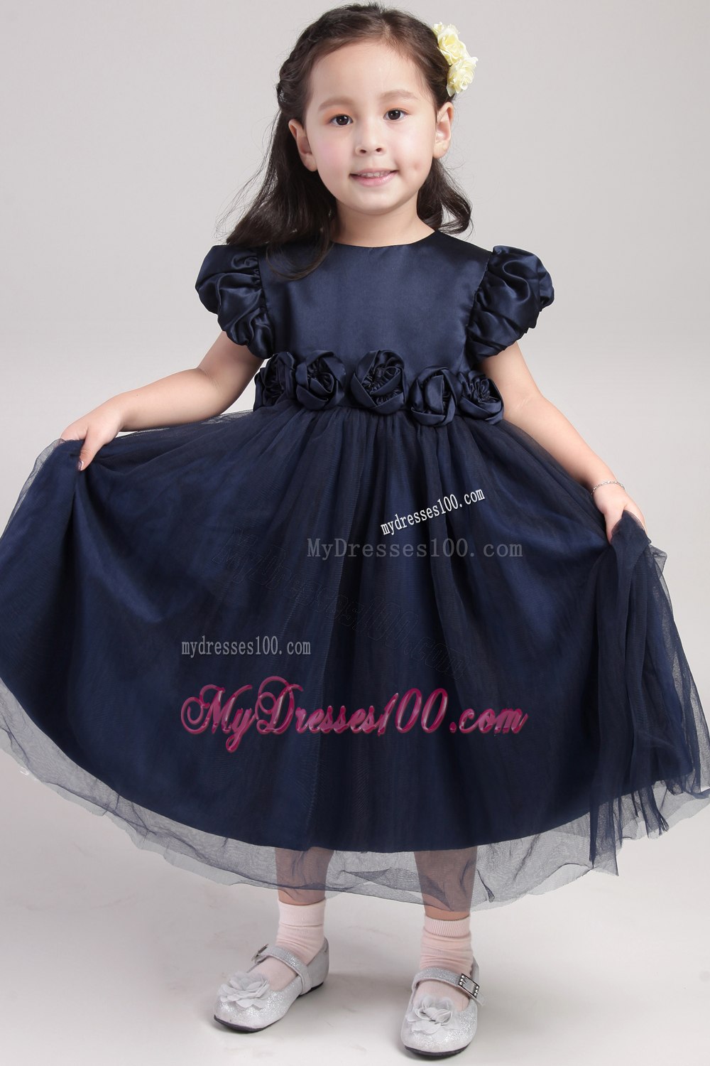 Navy Blue A-Line / Princess Scoop Tea-length Taffeta and Organza Hand Made Flower Flower Girl Dress