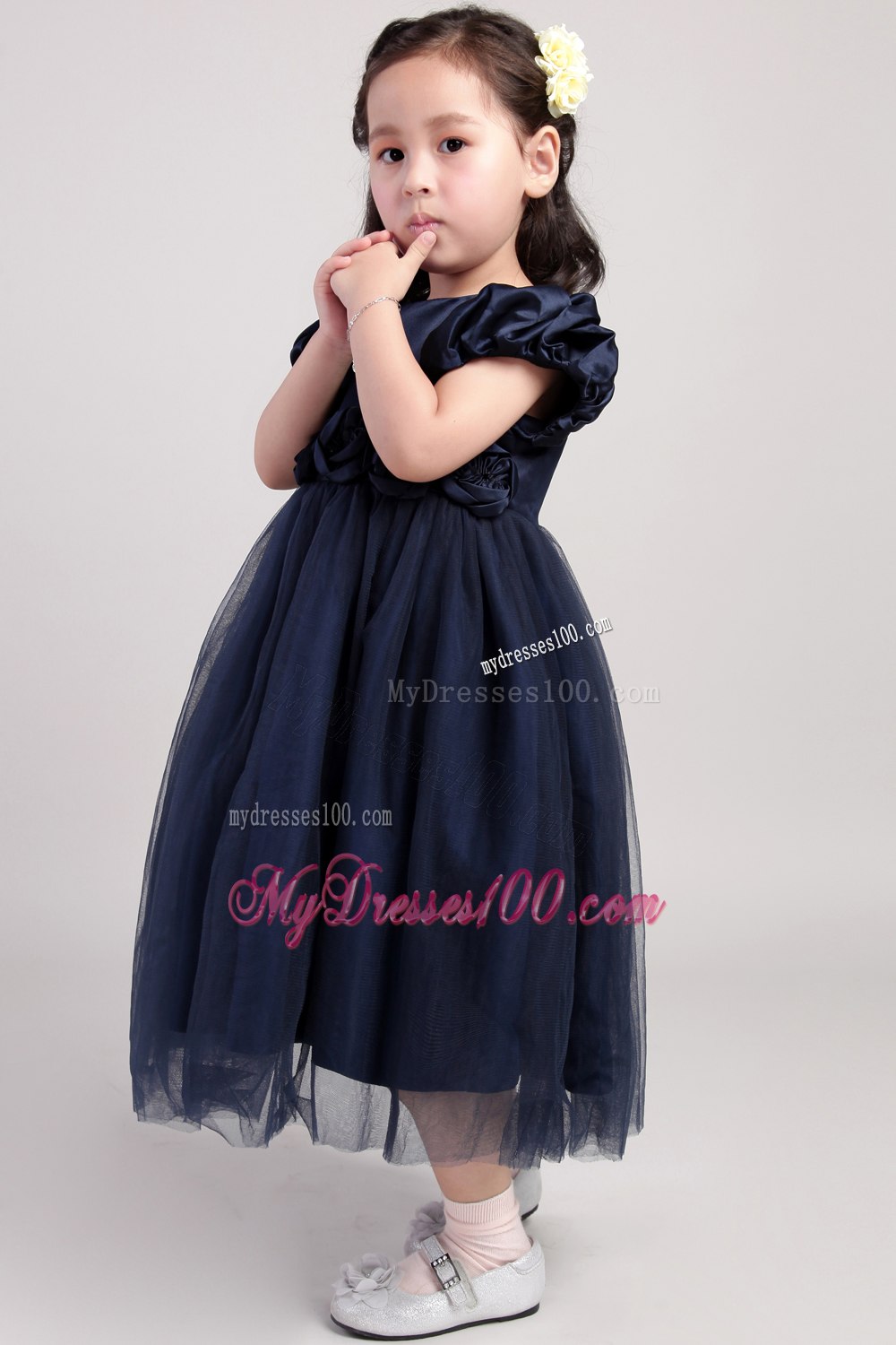 Navy Blue A-Line / Princess Scoop Tea-length Taffeta and Organza Hand Made Flower Flower Girl Dress