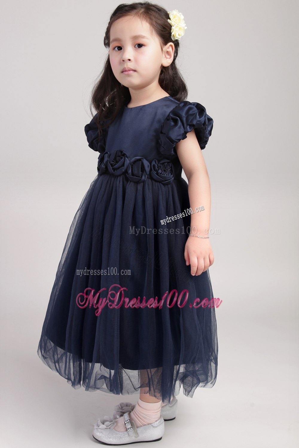 Navy Blue A-Line / Princess Scoop Tea-length Taffeta and Organza Hand Made Flower Flower Girl Dress