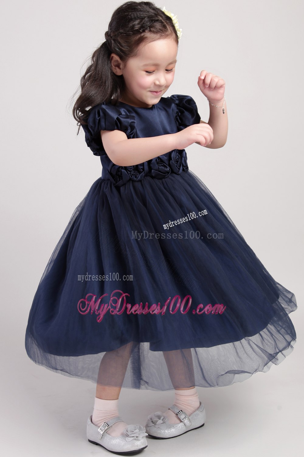 Navy Blue A-Line / Princess Scoop Tea-length Taffeta and Organza Hand Made Flower Flower Girl Dress