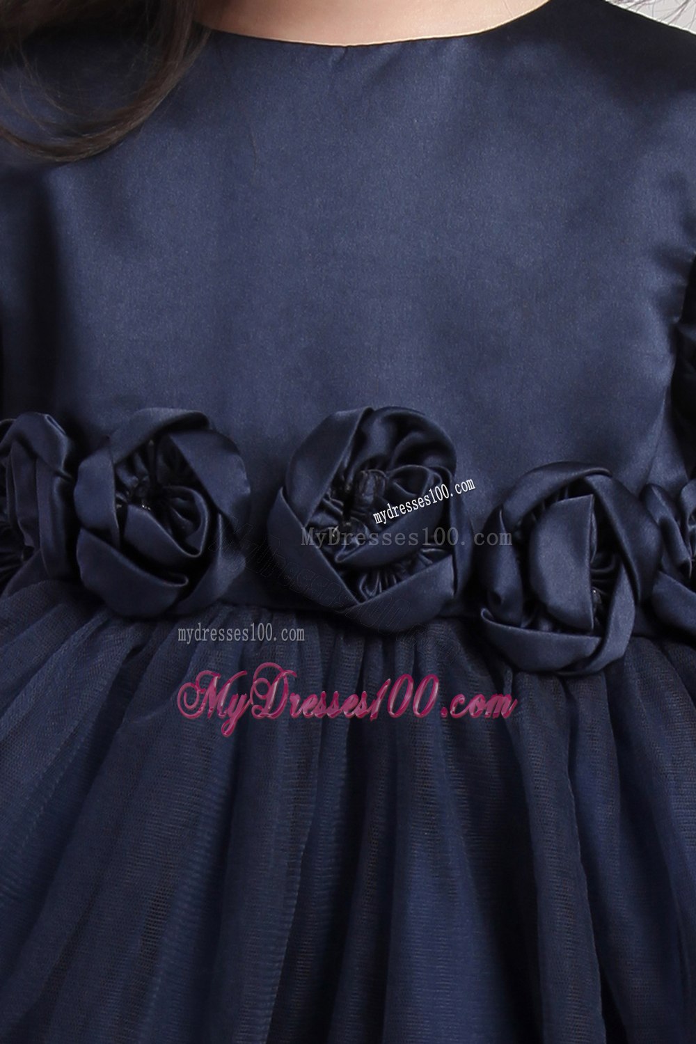 Navy Blue A-Line / Princess Scoop Tea-length Taffeta and Organza Hand Made Flower Flower Girl Dress