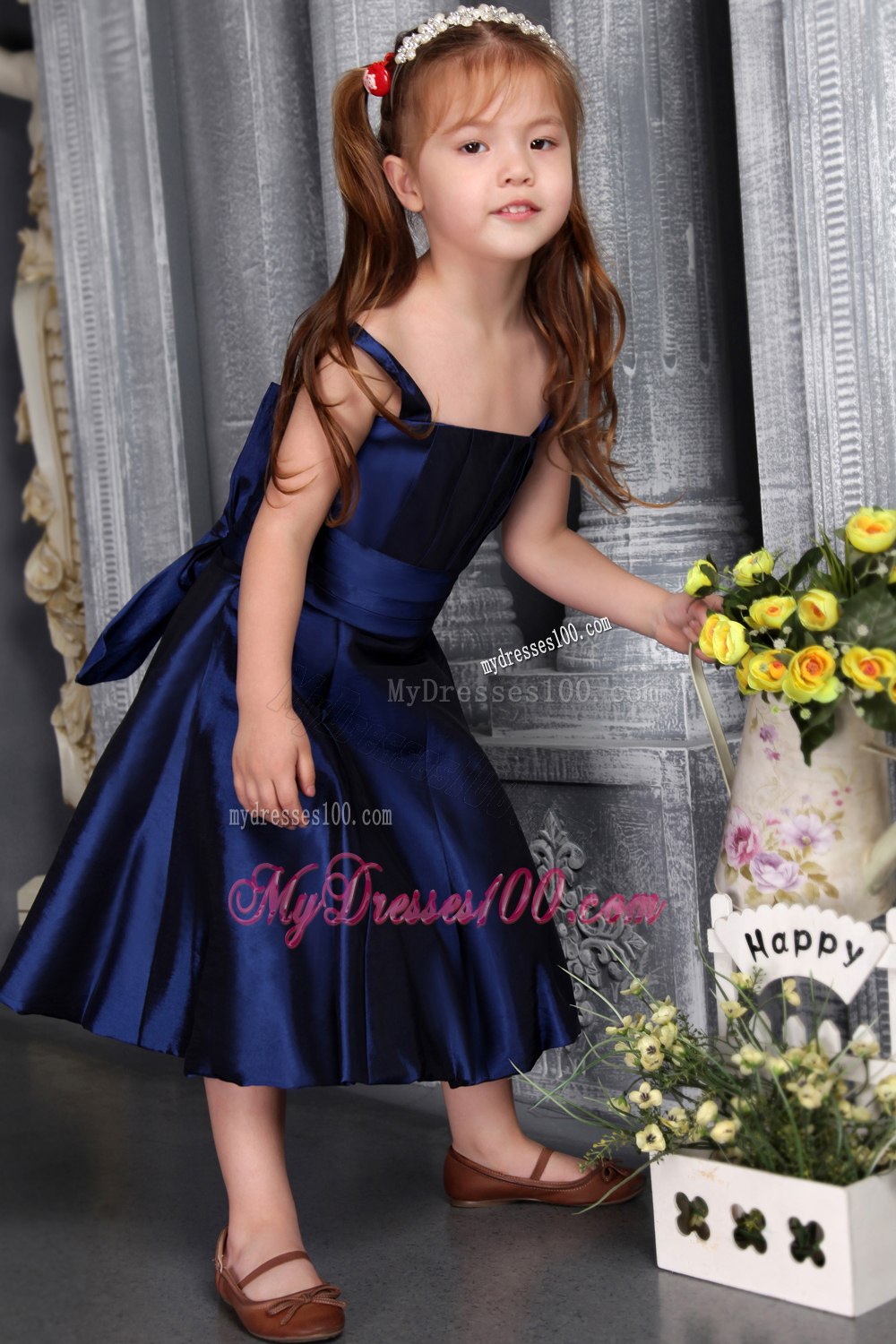 Navy Blue A-line / Princess Straps Tea-length Satin Bow Flower Girl Dress