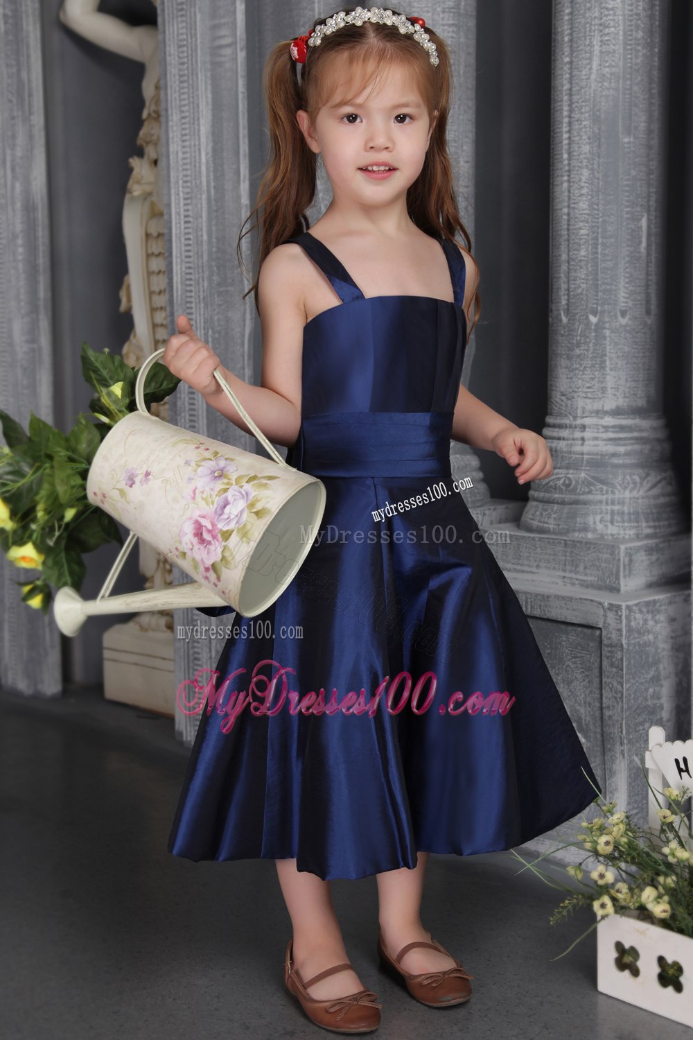Navy Blue A-line / Princess Straps Tea-length Satin Bow Flower Girl Dress