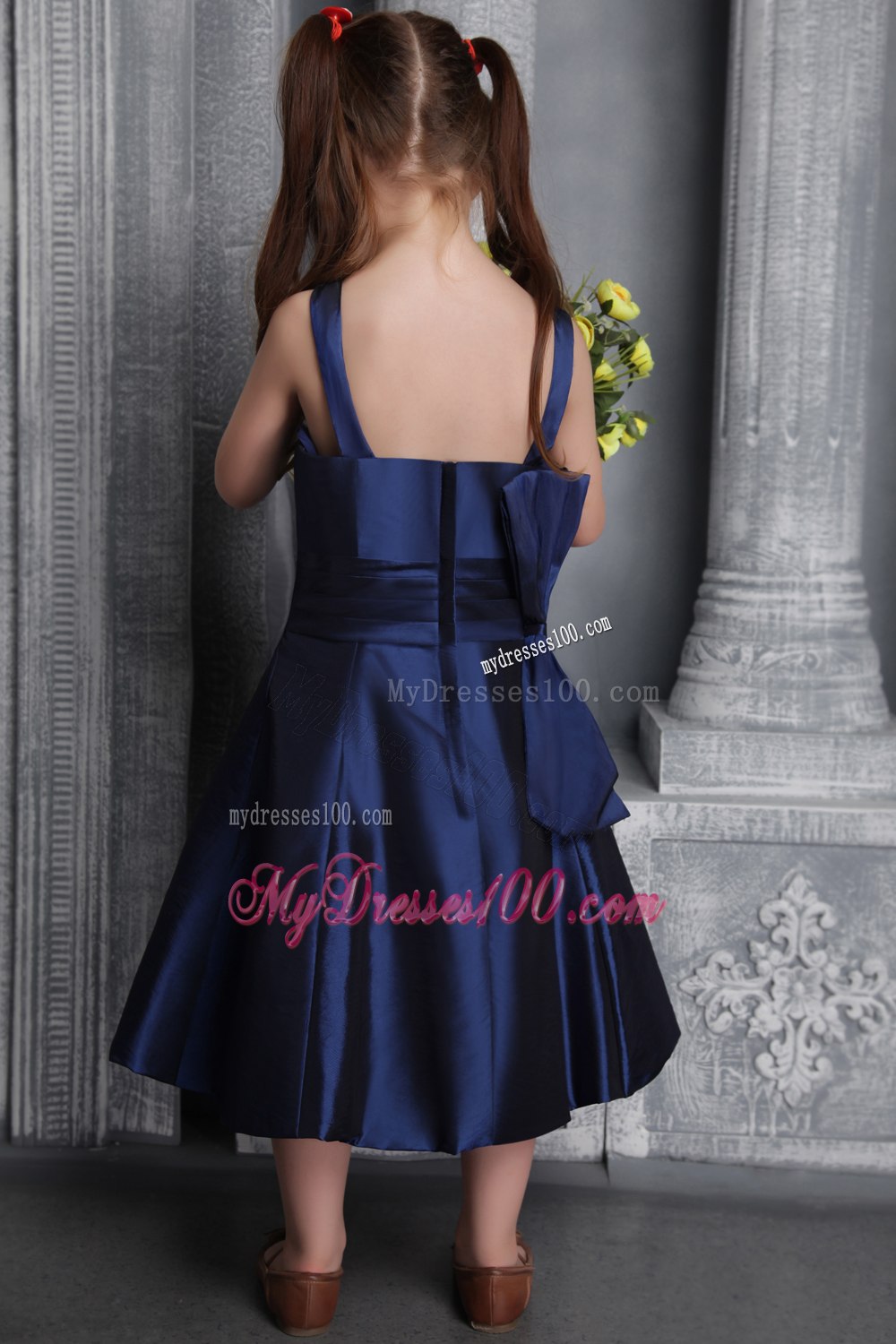Navy Blue A-line / Princess Straps Tea-length Satin Bow Flower Girl Dress