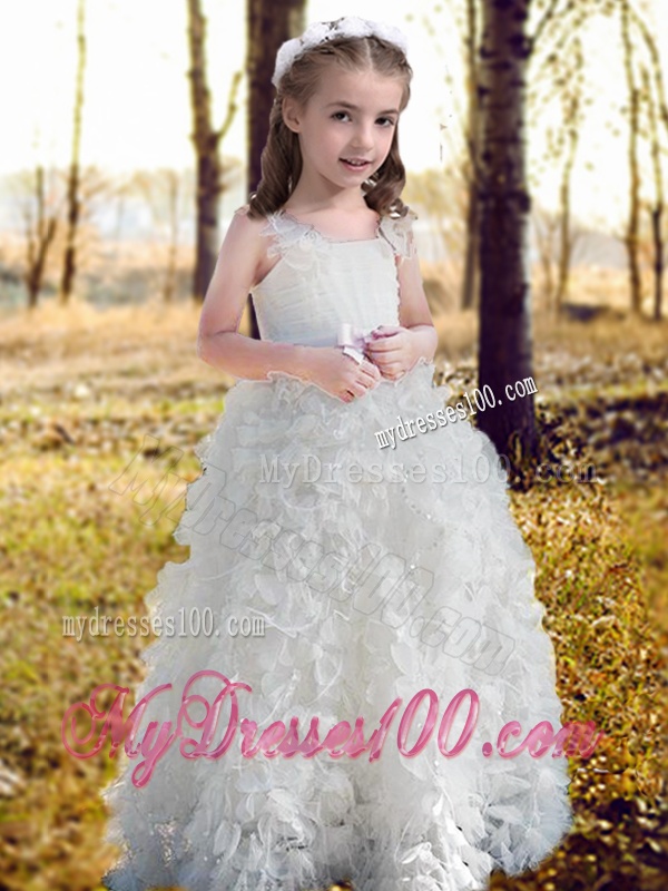 New Arrivals Ruffled and Bowknot White Flower Girl Dress with Straps